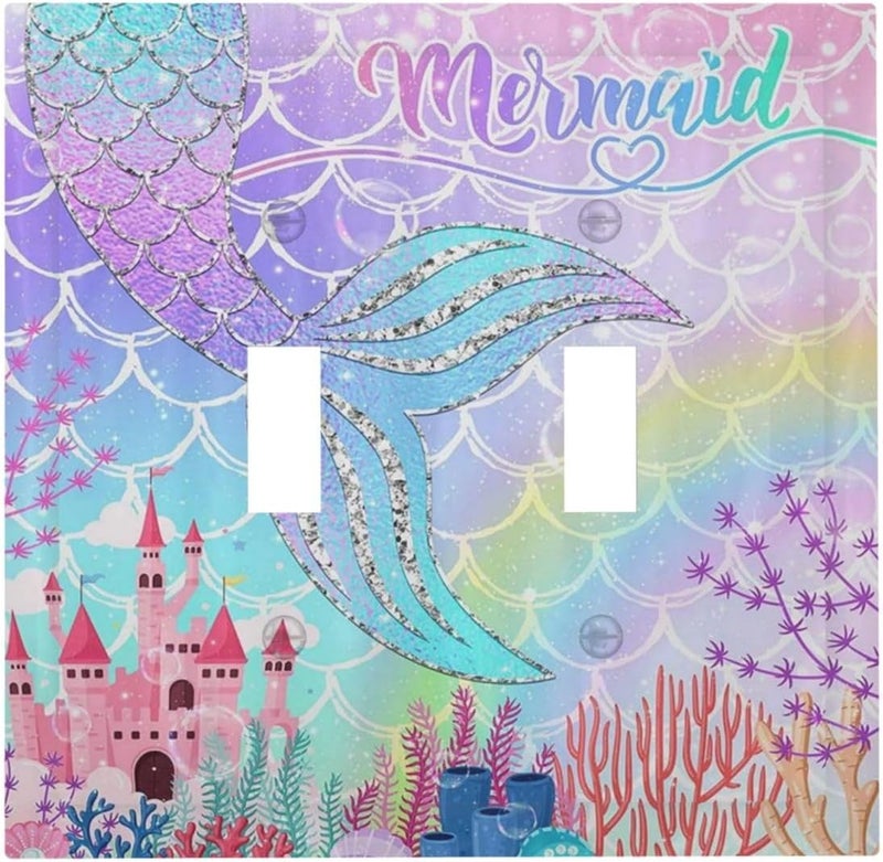 Sghxwp Silvery Glitter Cute Mermaid Tail Fantasy Castle Double Toggle Light Switch Covers 2 Gang Wall Plate Dual Decorative Switchplate Electrical Faceplate for Kidroom Nursery Bedroom Kitchen Decor - Image 1